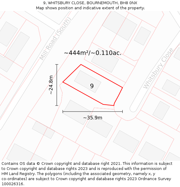 9, WHITSBURY CLOSE, BOURNEMOUTH, BH8 0NX: Plot and title map