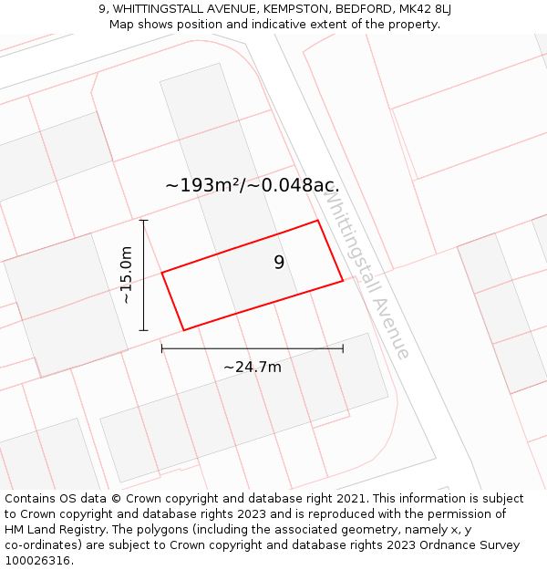 9, WHITTINGSTALL AVENUE, KEMPSTON, BEDFORD, MK42 8LJ: Plot and title map