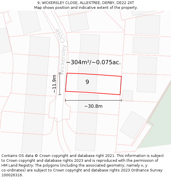 9, WICKERSLEY CLOSE, ALLESTREE, DERBY, DE22 2XT: Plot and title map