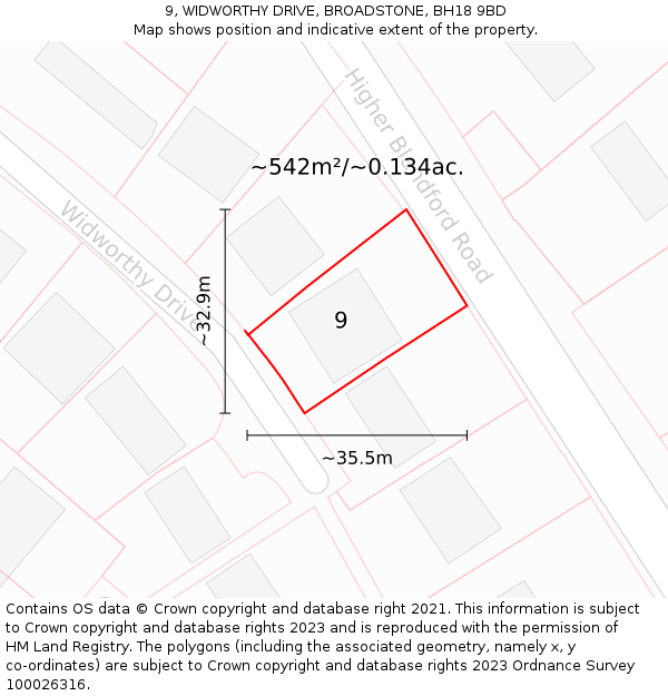 9, WIDWORTHY DRIVE, BROADSTONE, BH18 9BD: Plot and title map