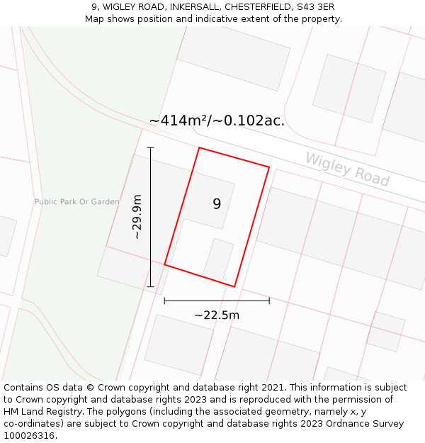 9, WIGLEY ROAD, INKERSALL, CHESTERFIELD, S43 3ER: Plot and title map