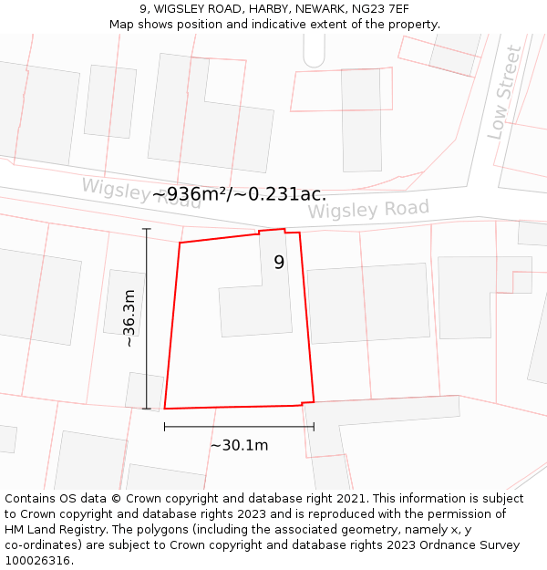 9, WIGSLEY ROAD, HARBY, NEWARK, NG23 7EF: Plot and title map