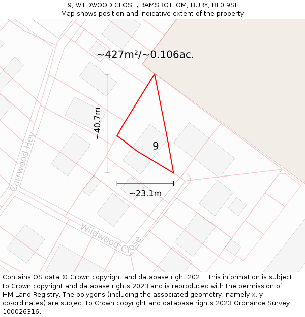 9, WILDWOOD CLOSE, RAMSBOTTOM, BURY, BL0 9SF: Plot and title map