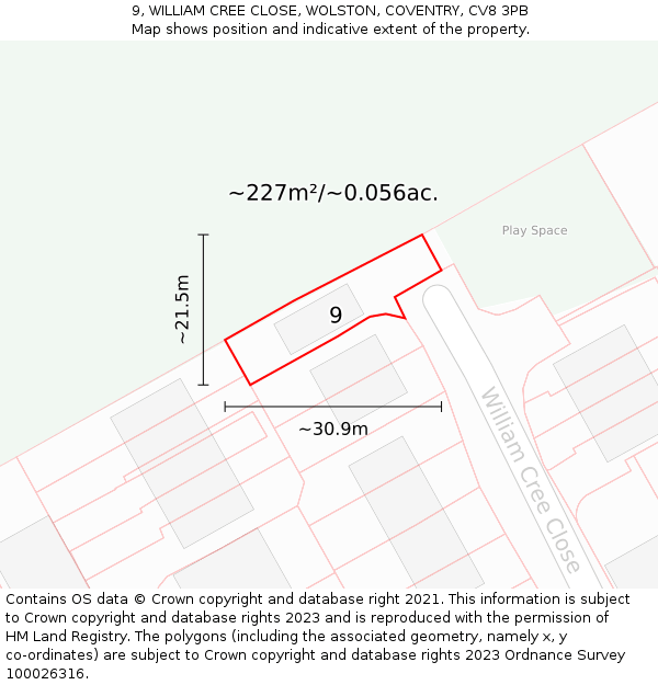 9, WILLIAM CREE CLOSE, WOLSTON, COVENTRY, CV8 3PB: Plot and title map