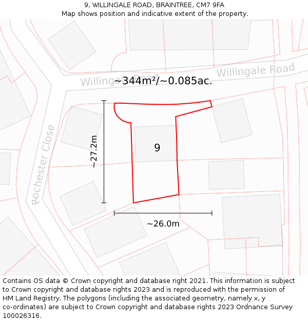 9, WILLINGALE ROAD, BRAINTREE, CM7 9FA: Plot and title map