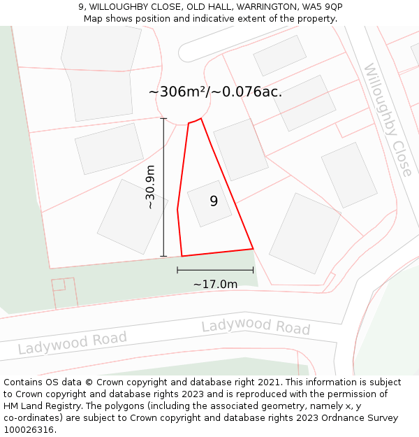 9, WILLOUGHBY CLOSE, OLD HALL, WARRINGTON, WA5 9QP: Plot and title map