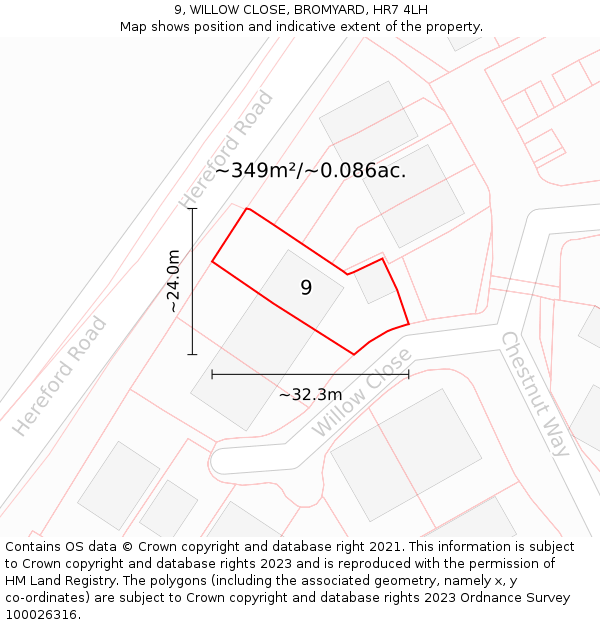 9, WILLOW CLOSE, BROMYARD, HR7 4LH: Plot and title map