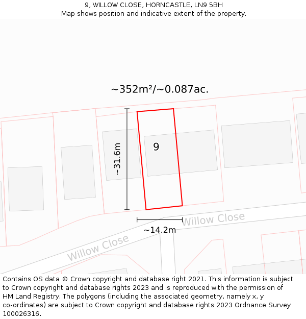 9, WILLOW CLOSE, HORNCASTLE, LN9 5BH: Plot and title map