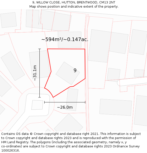 9, WILLOW CLOSE, HUTTON, BRENTWOOD, CM13 2NT: Plot and title map