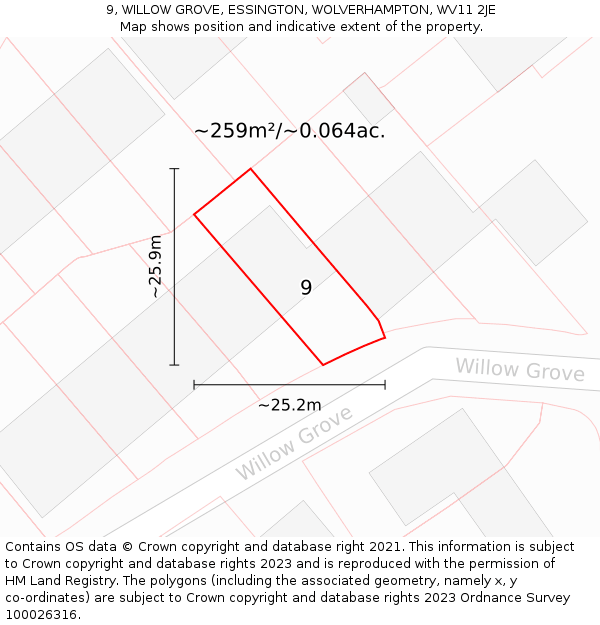 9, WILLOW GROVE, ESSINGTON, WOLVERHAMPTON, WV11 2JE: Plot and title map