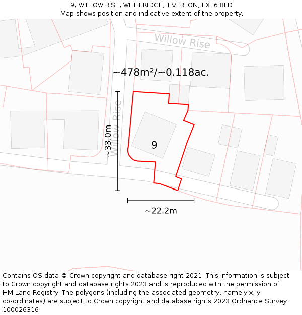 9, WILLOW RISE, WITHERIDGE, TIVERTON, EX16 8FD: Plot and title map