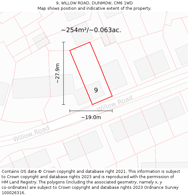 9, WILLOW ROAD, DUNMOW, CM6 1WD: Plot and title map