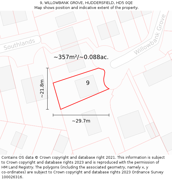 9, WILLOWBANK GROVE, HUDDERSFIELD, HD5 0QE: Plot and title map