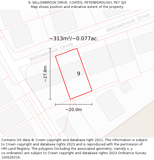 9, WILLOWBROOK DRIVE, COATES, PETERBOROUGH, PE7 2JG: Plot and title map