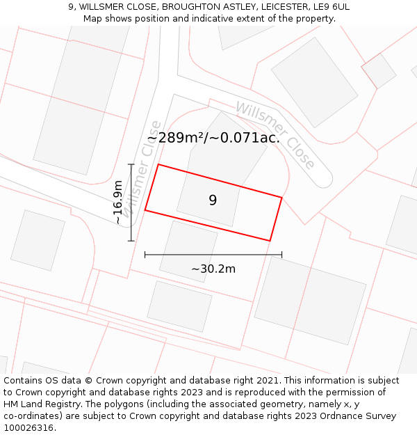 9, WILLSMER CLOSE, BROUGHTON ASTLEY, LEICESTER, LE9 6UL: Plot and title map