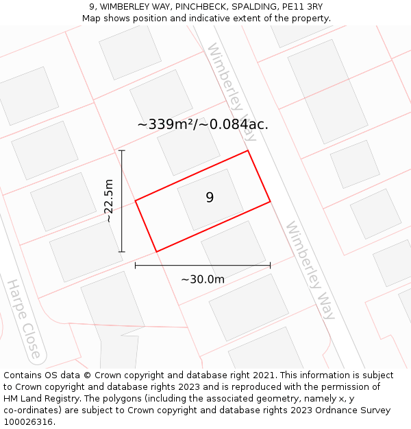 9, WIMBERLEY WAY, PINCHBECK, SPALDING, PE11 3RY: Plot and title map