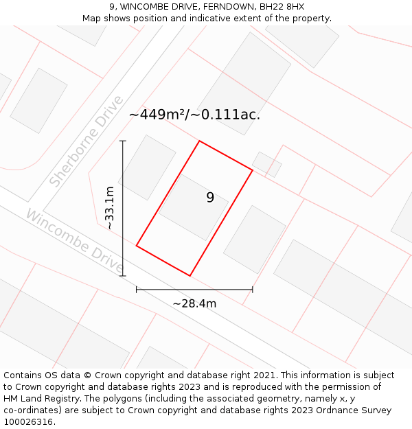 9, WINCOMBE DRIVE, FERNDOWN, BH22 8HX: Plot and title map