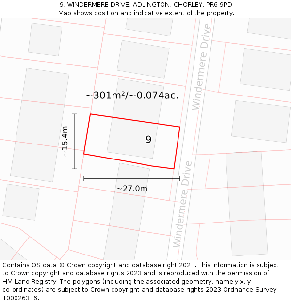 9, WINDERMERE DRIVE, ADLINGTON, CHORLEY, PR6 9PD: Plot and title map
