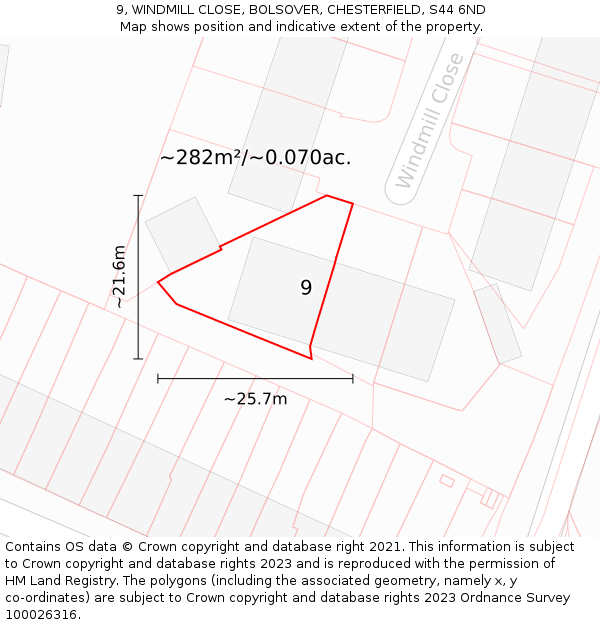 9, WINDMILL CLOSE, BOLSOVER, CHESTERFIELD, S44 6ND: Plot and title map