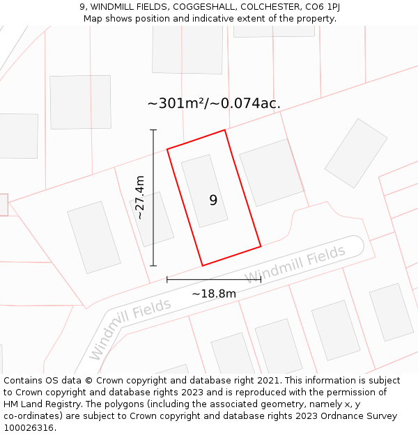 9, WINDMILL FIELDS, COGGESHALL, COLCHESTER, CO6 1PJ: Plot and title map