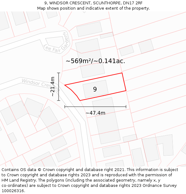 9, WINDSOR CRESCENT, SCUNTHORPE, DN17 2RF: Plot and title map