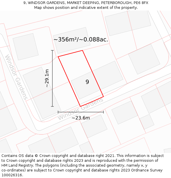 9, WINDSOR GARDENS, MARKET DEEPING, PETERBOROUGH, PE6 8FX: Plot and title map