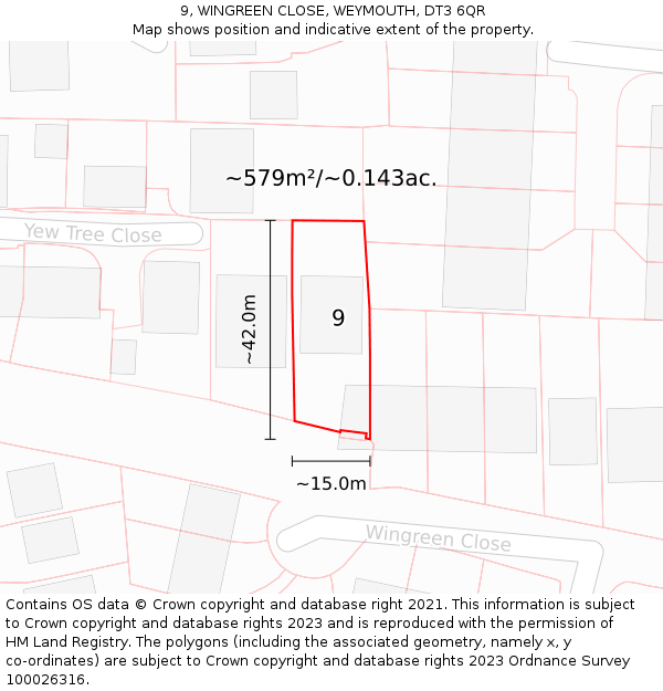 9, WINGREEN CLOSE, WEYMOUTH, DT3 6QR: Plot and title map