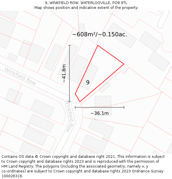 9, WINKFIELD ROW, WATERLOOVILLE, PO8 9TL: Plot and title map