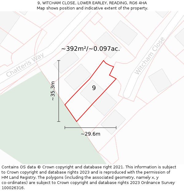 9, WITCHAM CLOSE, LOWER EARLEY, READING, RG6 4HA: Plot and title map