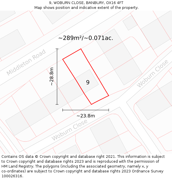 9, WOBURN CLOSE, BANBURY, OX16 4FT: Plot and title map