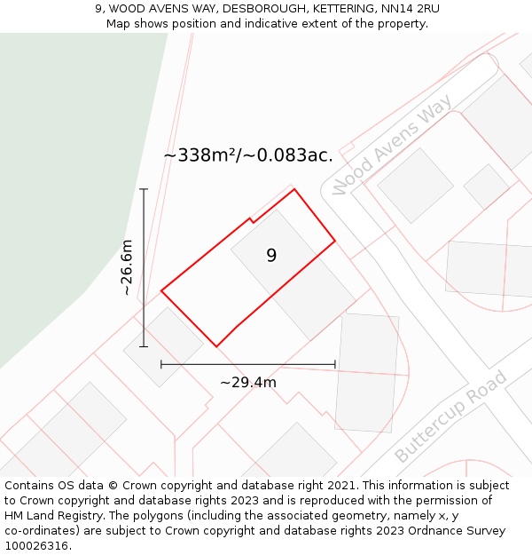 9, WOOD AVENS WAY, DESBOROUGH, KETTERING, NN14 2RU: Plot and title map