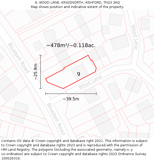 9, WOOD LANE, KINGSNORTH, ASHFORD, TN23 3AQ: Plot and title map