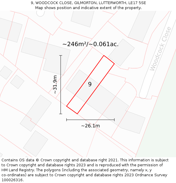 9, WOODCOCK CLOSE, GILMORTON, LUTTERWORTH, LE17 5SE: Plot and title map