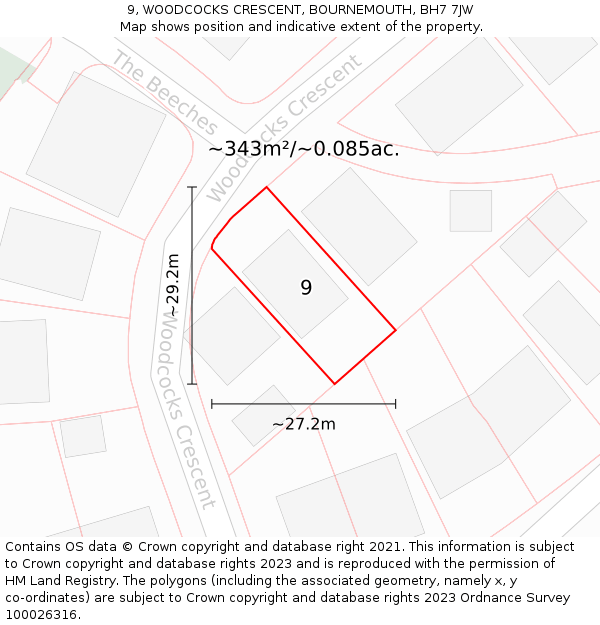 9, WOODCOCKS CRESCENT, BOURNEMOUTH, BH7 7JW: Plot and title map