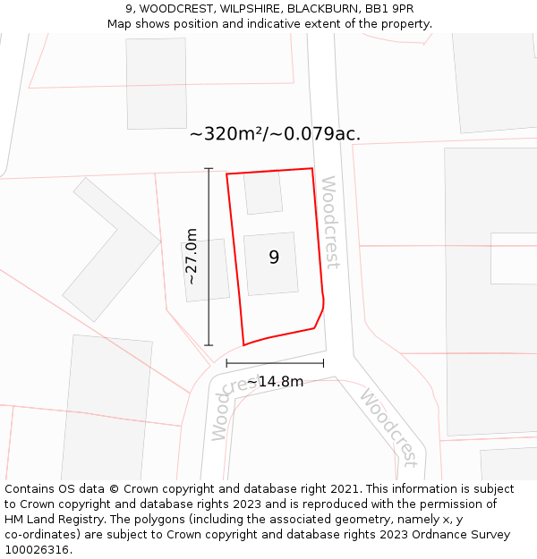 9, WOODCREST, WILPSHIRE, BLACKBURN, BB1 9PR: Plot and title map