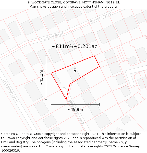 9, WOODGATE CLOSE, COTGRAVE, NOTTINGHAM, NG12 3JL: Plot and title map