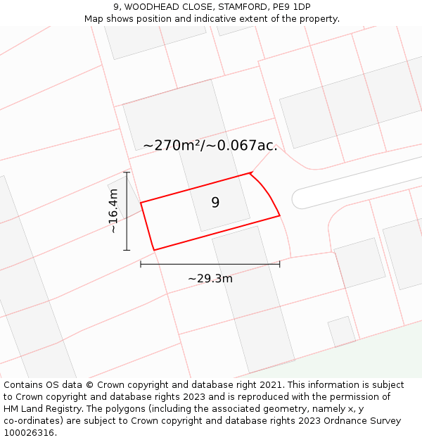 9, WOODHEAD CLOSE, STAMFORD, PE9 1DP: Plot and title map