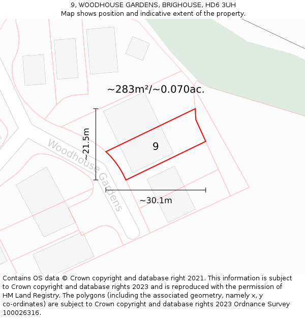 9, WOODHOUSE GARDENS, BRIGHOUSE, HD6 3UH: Plot and title map