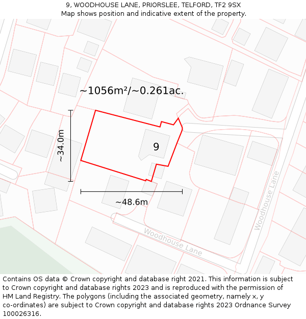 9, WOODHOUSE LANE, PRIORSLEE, TELFORD, TF2 9SX: Plot and title map