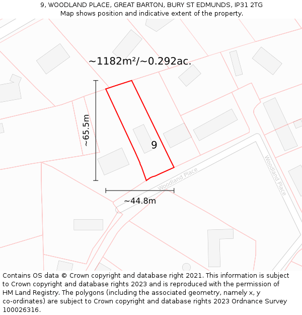 9, WOODLAND PLACE, GREAT BARTON, BURY ST EDMUNDS, IP31 2TG: Plot and title map