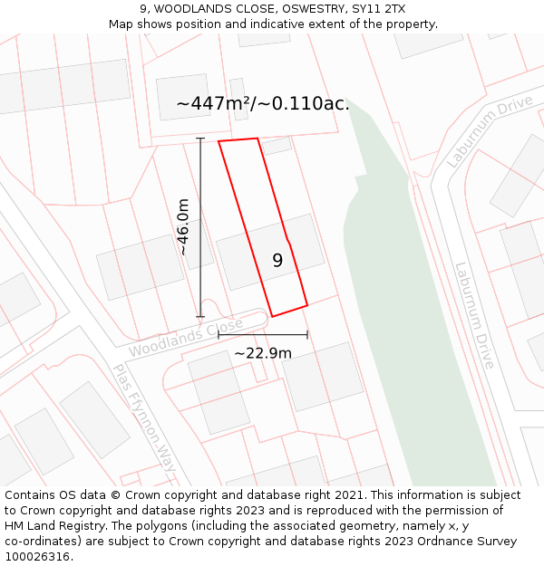 9, WOODLANDS CLOSE, OSWESTRY, SY11 2TX: Plot and title map