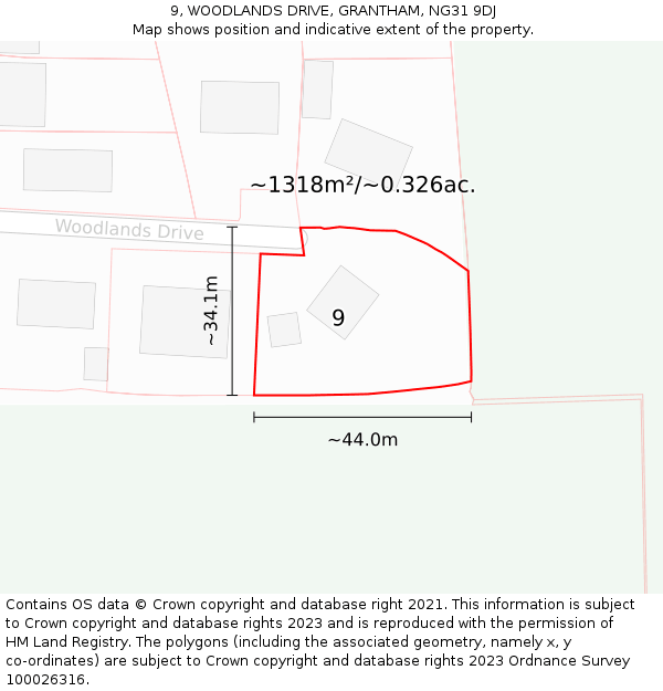 9, WOODLANDS DRIVE, GRANTHAM, NG31 9DJ: Plot and title map