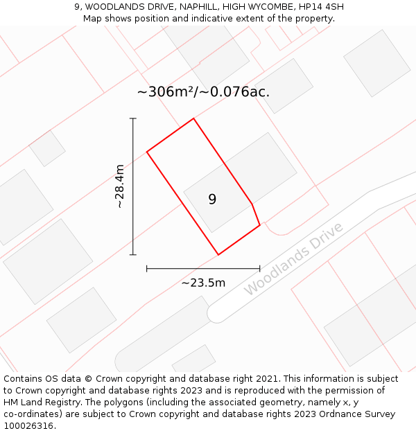 9, WOODLANDS DRIVE, NAPHILL, HIGH WYCOMBE, HP14 4SH: Plot and title map