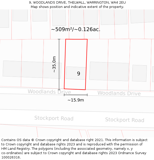 9, WOODLANDS DRIVE, THELWALL, WARRINGTON, WA4 2EU: Plot and title map