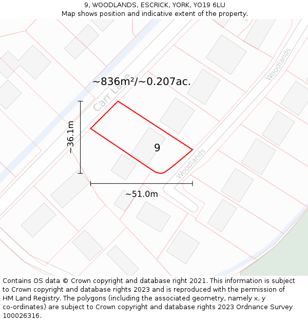 9, WOODLANDS, ESCRICK, YORK, YO19 6LU: Plot and title map
