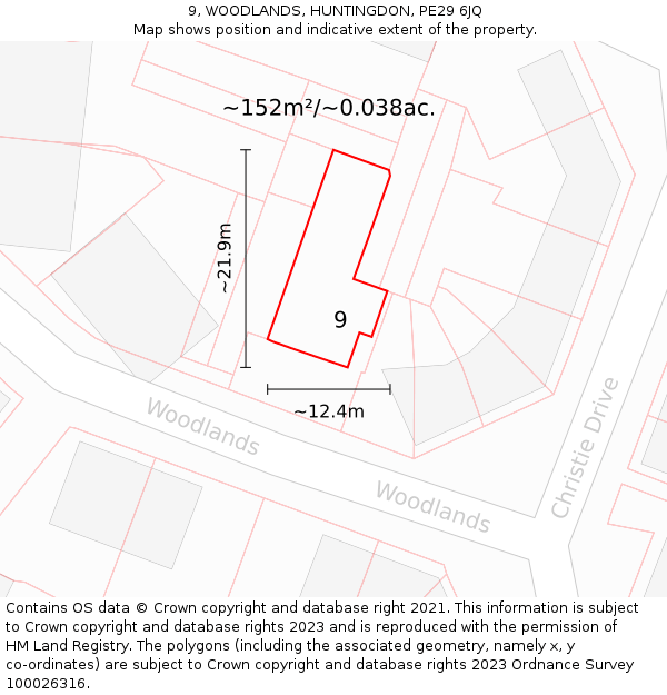 9, WOODLANDS, HUNTINGDON, PE29 6JQ: Plot and title map