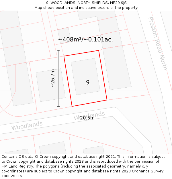 9, WOODLANDS, NORTH SHIELDS, NE29 9JS: Plot and title map