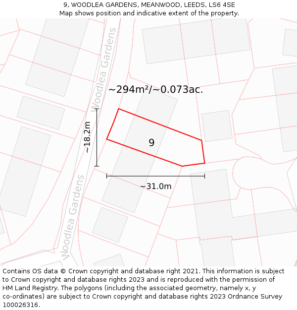 9, WOODLEA GARDENS, MEANWOOD, LEEDS, LS6 4SE: Plot and title map