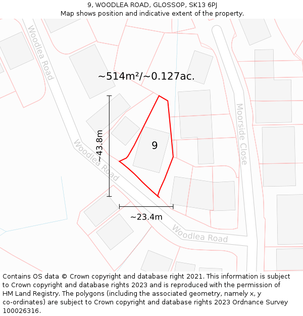 9, WOODLEA ROAD, GLOSSOP, SK13 6PJ: Plot and title map