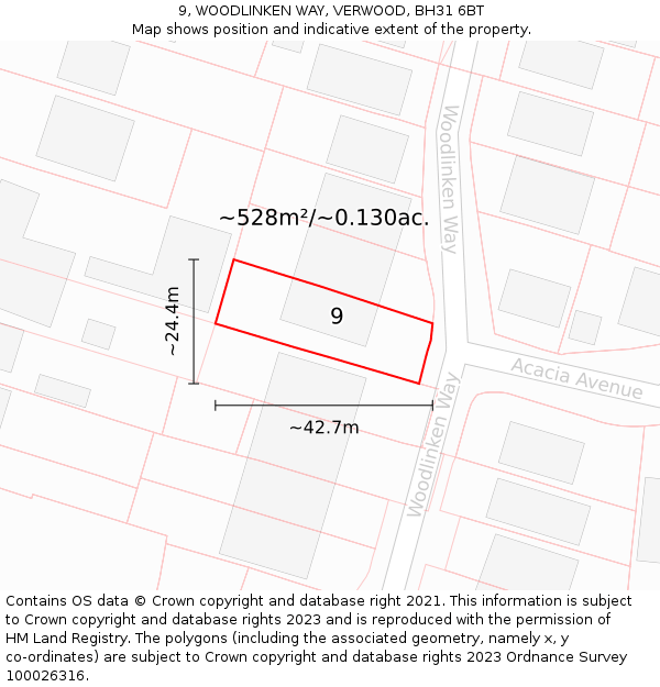 9, WOODLINKEN WAY, VERWOOD, BH31 6BT: Plot and title map